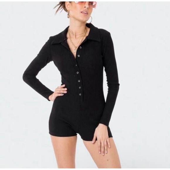 Edikted Pants - Edikted Womens Kelsy Black Ribbed Long Sleeve Button Down Romper Jumpsuit Size S